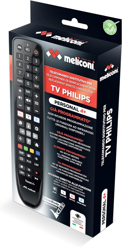 Meliconi Gumbody Personal 4+, Telecomando per TV PHILIPS, sostituisce il telecomando originale. Già preprogrammato. Corpo in gomma antishock. Supporto web e assistenza telefonica specializzata