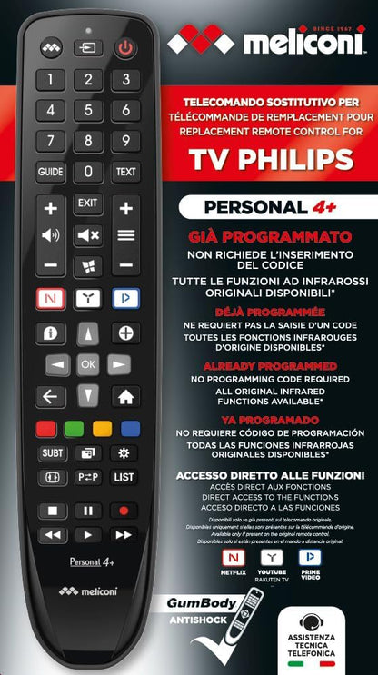 Meliconi Gumbody Personal 4+, Telecomando per TV PHILIPS, sostituisce il telecomando originale. Già preprogrammato. Corpo in gomma antishock. Supporto web e assistenza telefonica specializzata
