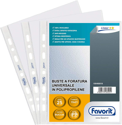 Favorit 100460018 – Sobres perforados universales, 25 sobres, 15 x 21 cm, transparente