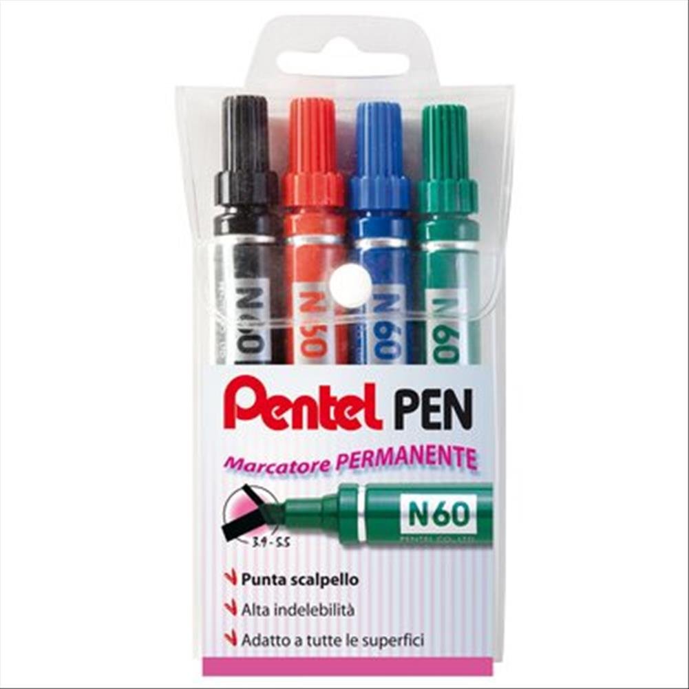 Pentel Pen N60 Marcatore Permanente Punta Scalpello Set 4 pz Colori Assortiti (nero,rosso,blu,verde