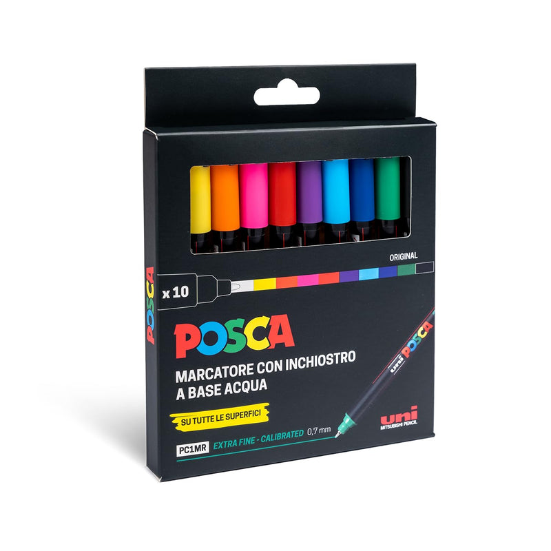 Posca - UniPosca - Juego completo con 10 rotuladores de punta extrafina de 0,7 mm. Rotuladores acrílicos Uni, ideales como colores para niños y artistas, trabajos creativos, colores de tela y