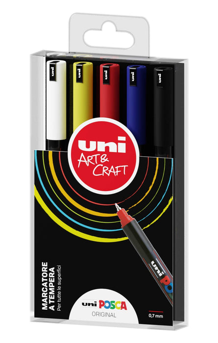 Posca - Uniposca Komplett-Set mit 5 Filzstiften, extra feine Spitze, 0,7 mm, Acrylfarben, ideal als Farben für Kinder und Künstler, Schreibwaren, Stofffarben und andere Oberflächen -