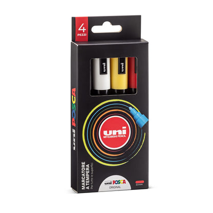 Posca - UniPosca Set con 4 rotuladores acrílicos surtidos, variedad original de punta redonda 1,8-2,5 mm - Colores para niños y artistas Uni válidos como colores para tejidos, madera, vidrio y otros
