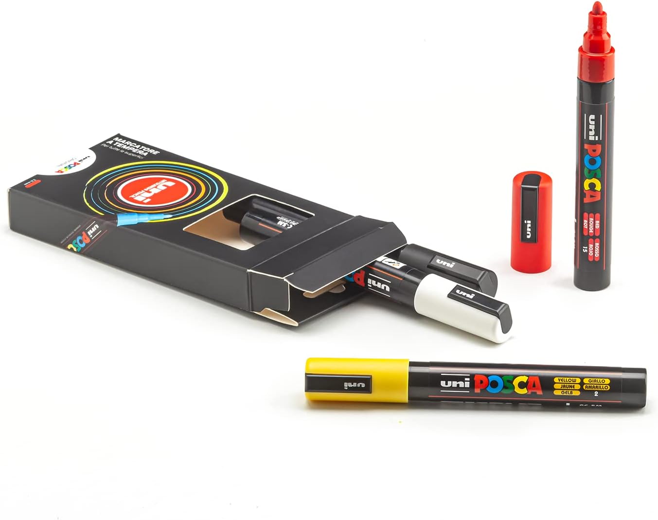 Posca - UniPosca Set con 4 rotuladores acrílicos surtidos, variedad original de punta redonda 1,8-2,5 mm - Colores para niños y artistas Uni válidos como colores para tejidos, madera, vidrio y otros
