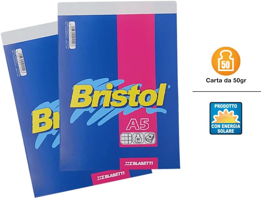 Blasetti Bristol Blocco Note - Block Notes punto metallico a quadretti, Ideale per appunti, Formato A5 (15Cm X 21Cm) – Rigatura 5M (5mm) Senza Margini. Confezione da 10 pezzi