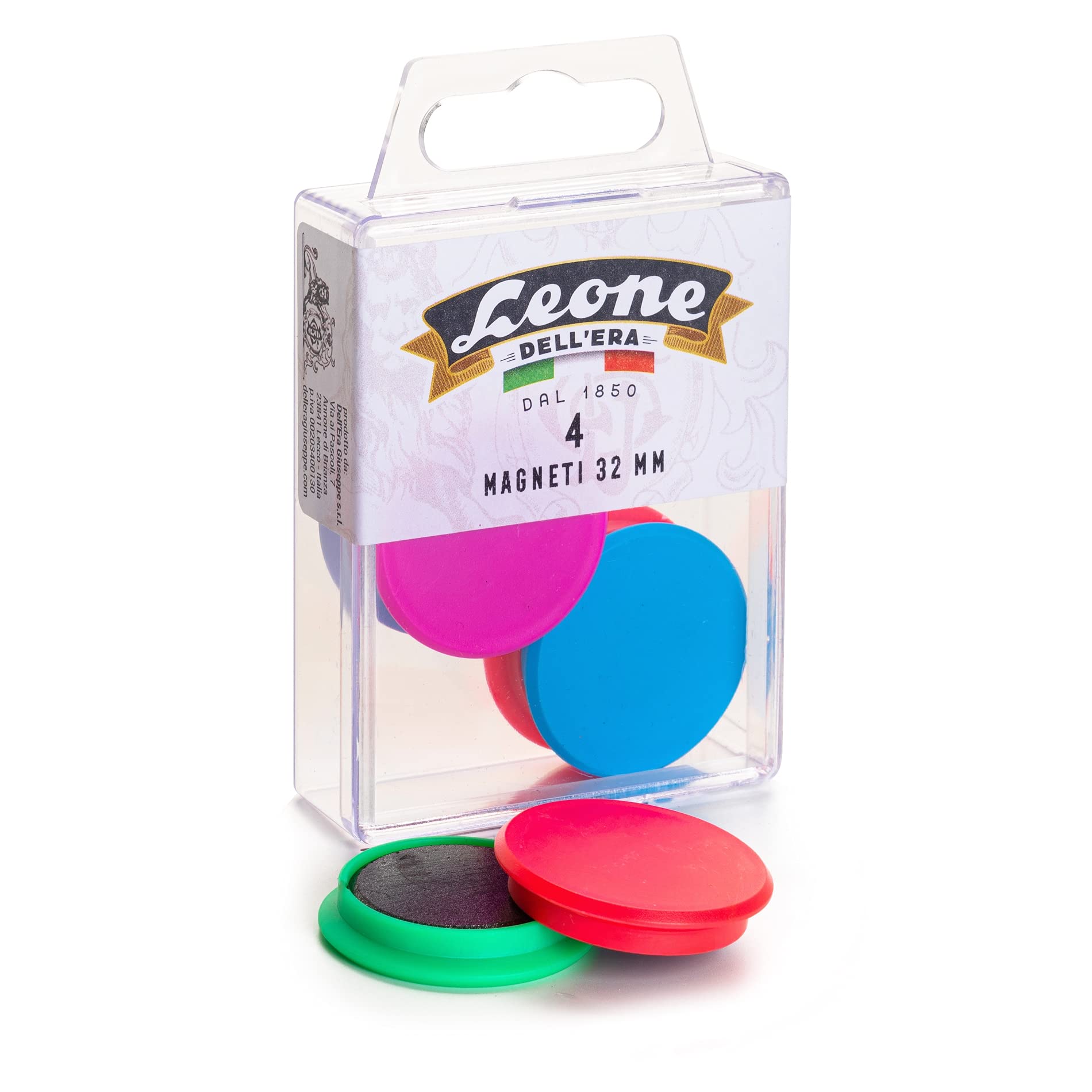 4 coloured Lion of the Era magnets (diameter 32 mm) in a transparent hanging box, made in Italy