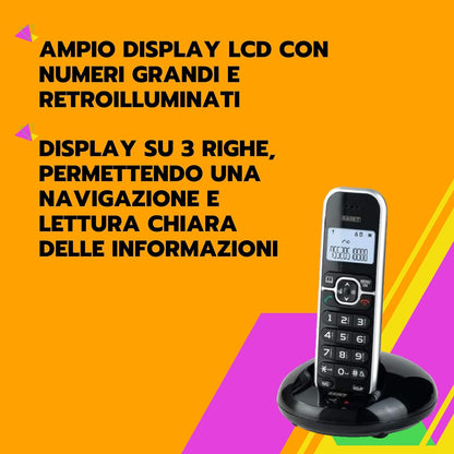 SAIET - Telefono Cordless Casa e Ufficio 3660 LEM - Cordless con Vivavoce e Audio Amplificato - Telefono Cordless con Tasti Grandi e Schermo Intuitivo 13500789