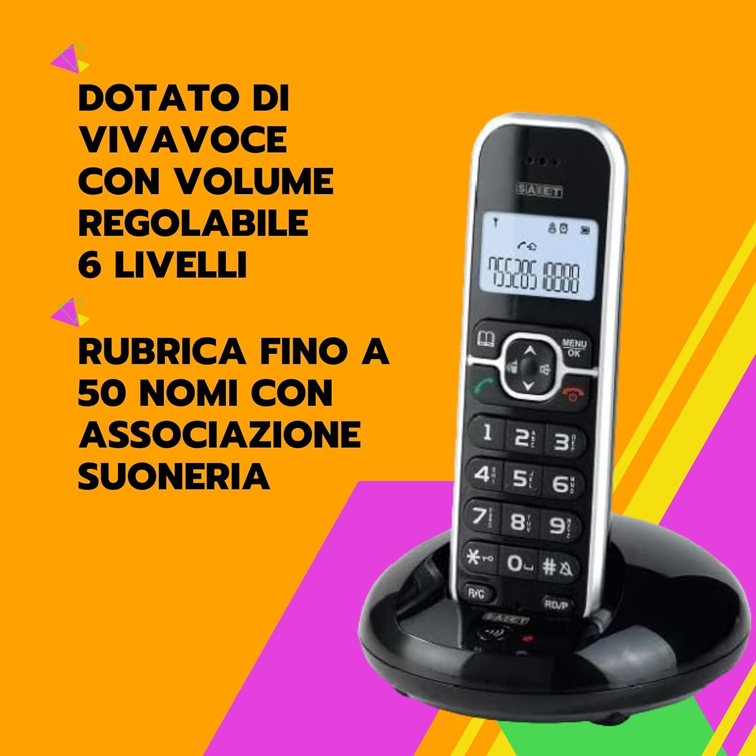 SAIET - Telefono Cordless Casa e Ufficio 3660 LEM - Cordless con Vivavoce e Audio Amplificato - Telefono Cordless con Tasti Grandi e Schermo Intuitivo 13500789