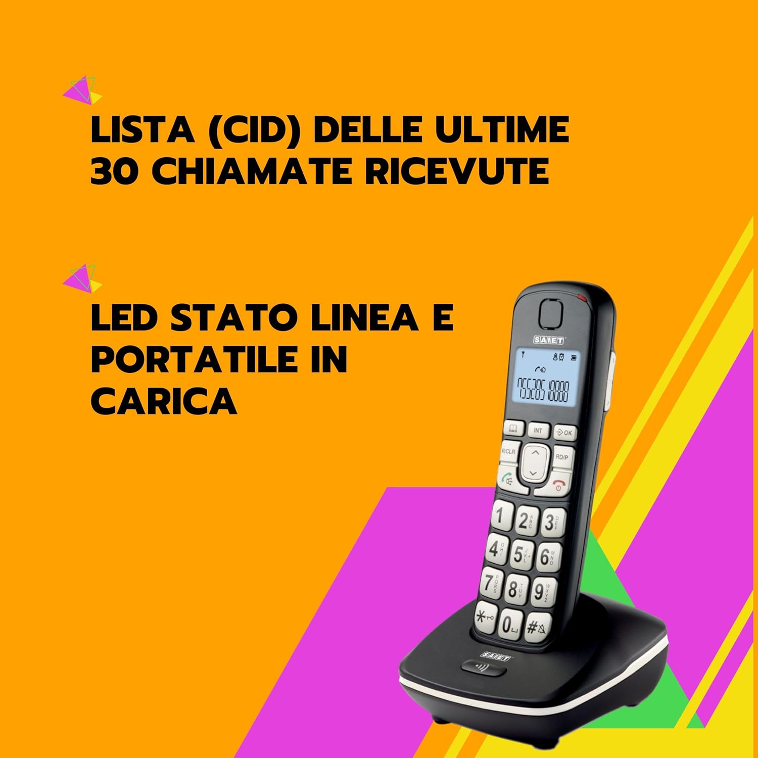 SAIET - Telefono Cordless Casa e Ufficio 3660 LEM - Cordless con Vivavoce e Audio Amplificato - Telefono Cordless con Tasti Grandi e Schermo Intuitivo 13500789