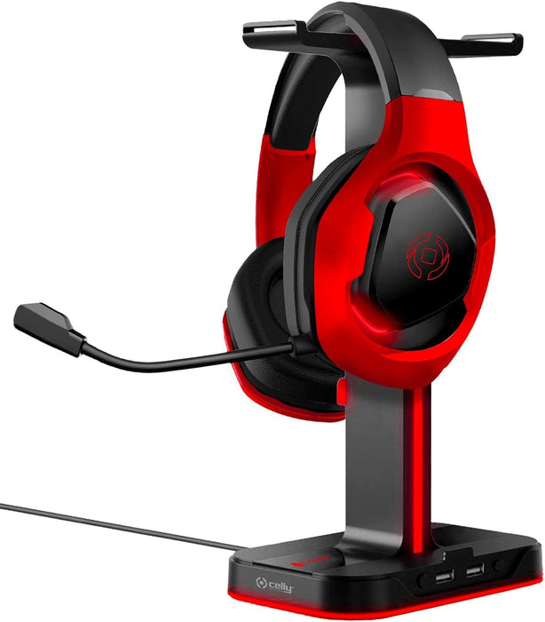 Celly CYBERSTATIONBK - RGB Gaming Headset Stand with HUB and 2xUSB Charging Station, Black