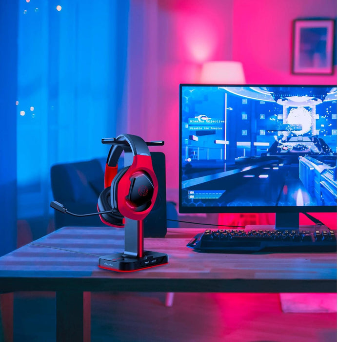 Celly CYBERSTATIONBK - RGB Gaming Headset Stand with HUB and 2xUSB Charging Station, Black