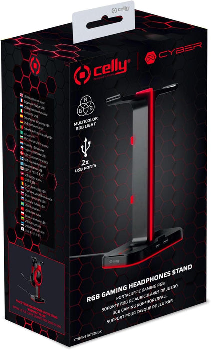 Celly CYBERSTATIONBK - RGB Gaming Headset Stand with HUB and 2xUSB Charging Station, Black