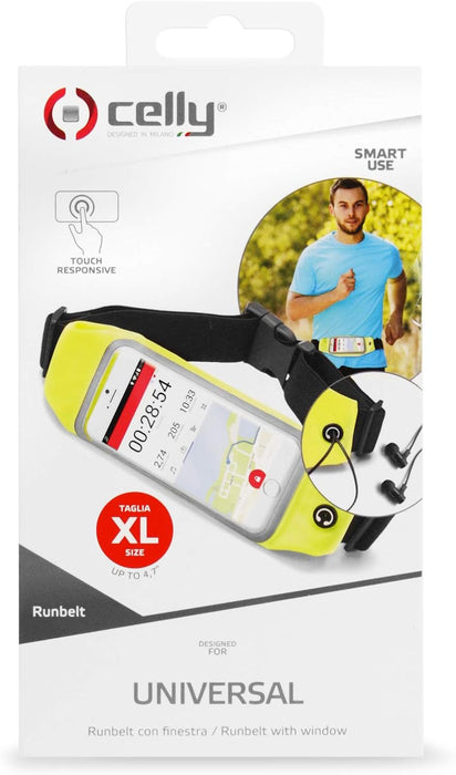 Celly RunBeltView Elastic Running Belt with Ear Loop and Transparent Pocket and Touch for Smartphones Up to 4.7 Inches, Yellow