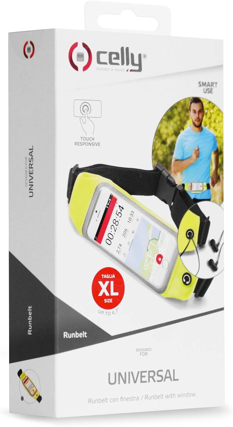 Celly RunBeltView Elastic Running Belt with Ear Loop and Transparent Pocket and Touch for Smartphones Up to 4.7 Inches, Yellow