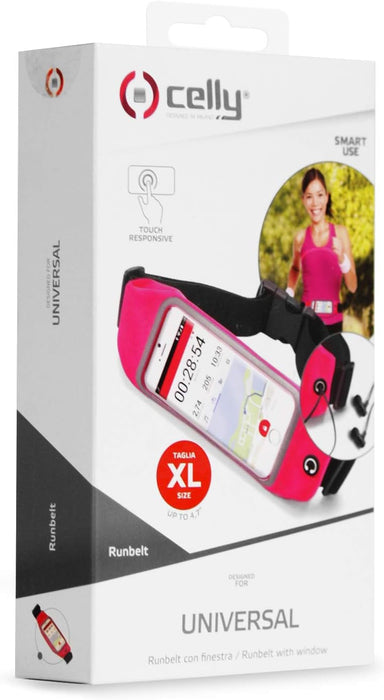 Celly RunBeltView Elastic Running Belt with Earphones and Transparent Touch Pocket for Smartphone Up to 4.7" - Pink