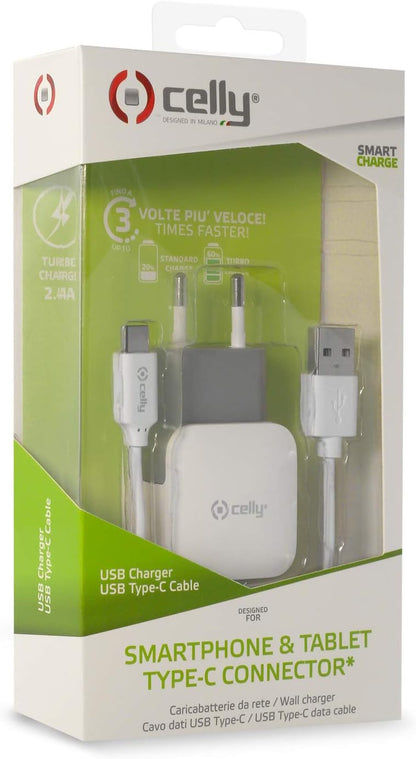 Celly TCUSBTYPEC 2.4A Network Charger with Type C Cable - White