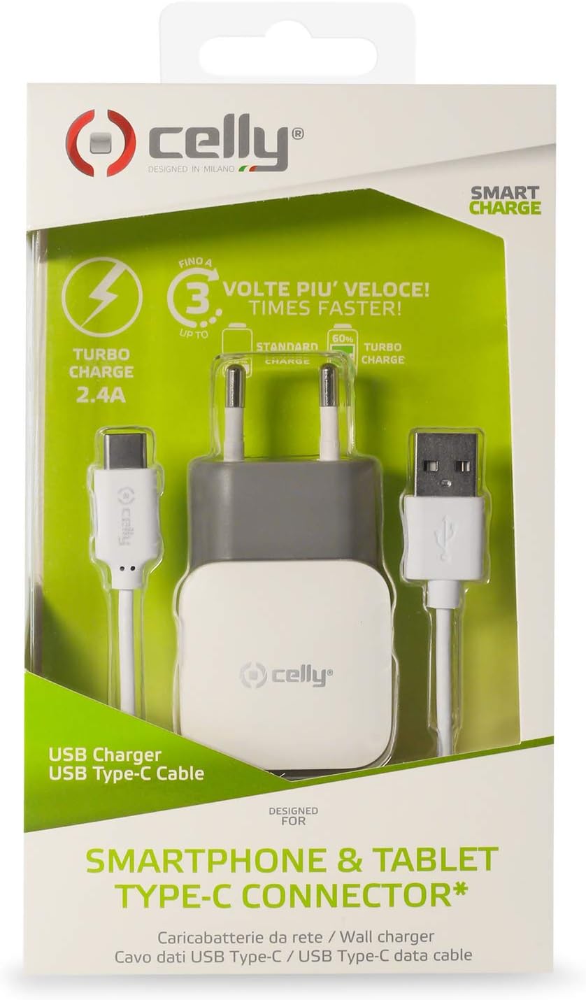 Celly TCUSBTYPEC 2.4A Network Charger with Type C Cable - White