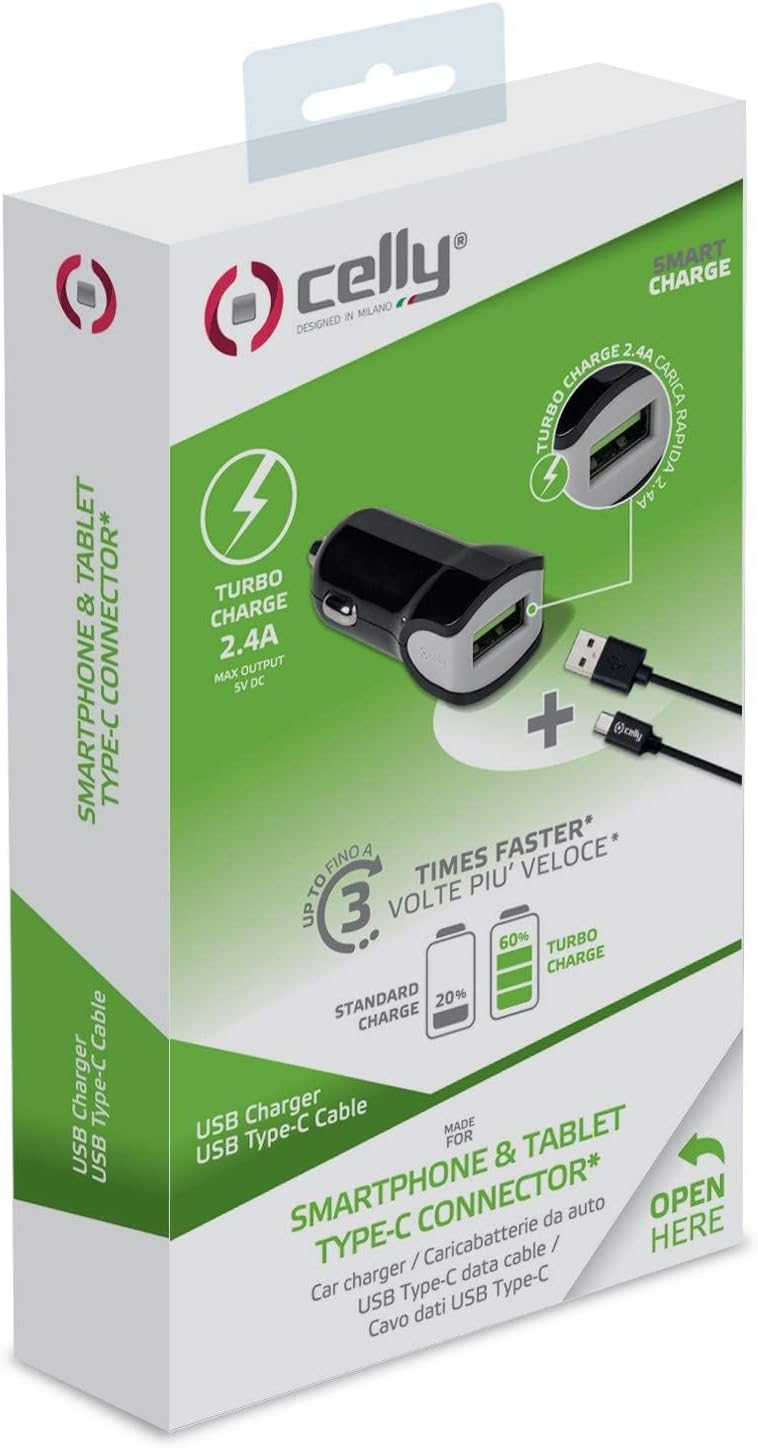 Celly CCUSBTYPEC Universal Car Charger with USB Type C Cable, Black