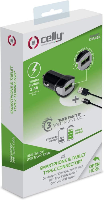 Celly CCUSBTYPEC Universal Car Charger with USB Type C Cable, Black