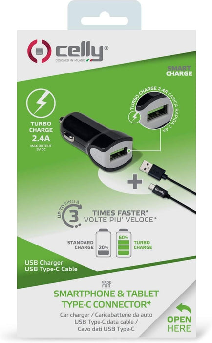 Celly CCUSBTYPEC Universal Car Charger with USB Type C Cable, Black
