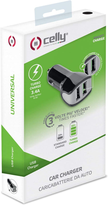 Celly CC2USBTURBOBK Turbo Car Charger 2 USB, Black