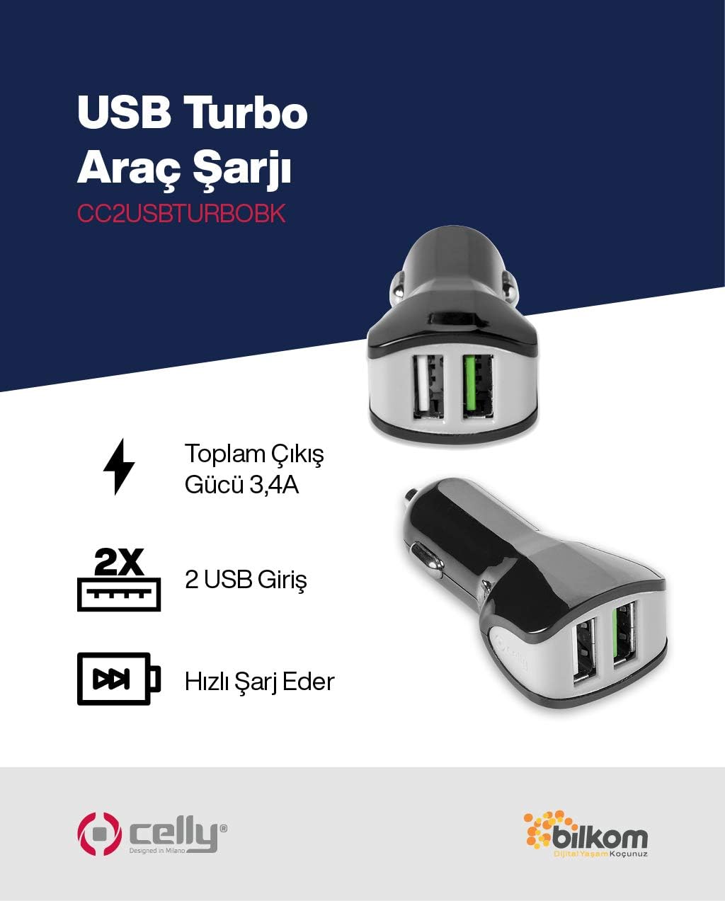 Celly CC2USBTURBOBK Turbo Car Charger 2 USB, Black