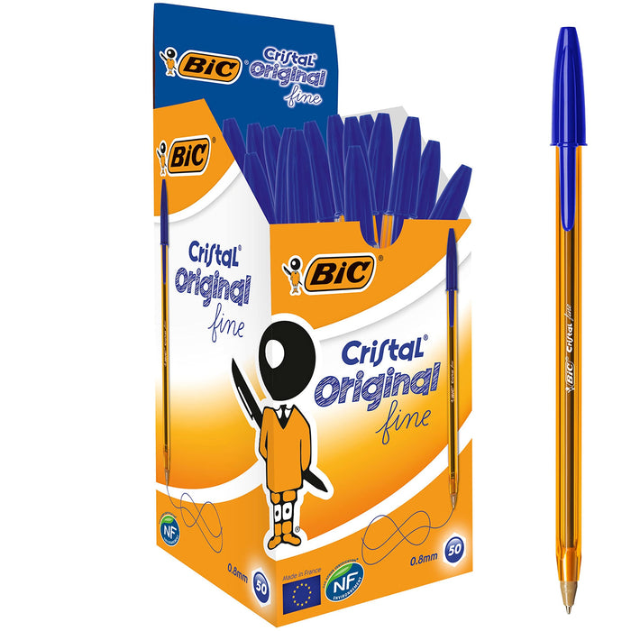 Bic Cristal Original Fine Ball Pens, Fine Point (0.8 mm), Blue, Box of 50 - Smudge-Free, Every-Day Writing Pens with More Precise Ink Flow