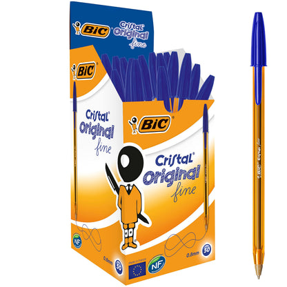 Bic Cristal Original Fine Ball Pens, Fine Point (0.8 mm), Blue, Box of 50 - Smudge-Free, Every-Day Writing Pens with More Precise Ink Flow