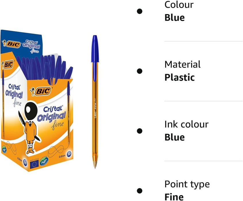 Bic Cristal Original Fine Ball Pens, Fine Point (0.8 mm), Blue, Box of 50 - Smudge-Free, Every-Day Writing Pens with More Precise Ink Flow