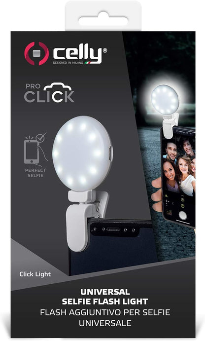 Celly Selfie Ring Light with Clip for Smartphones, Clicklight Universal Rechargeable USB 3 Tone, White L L white