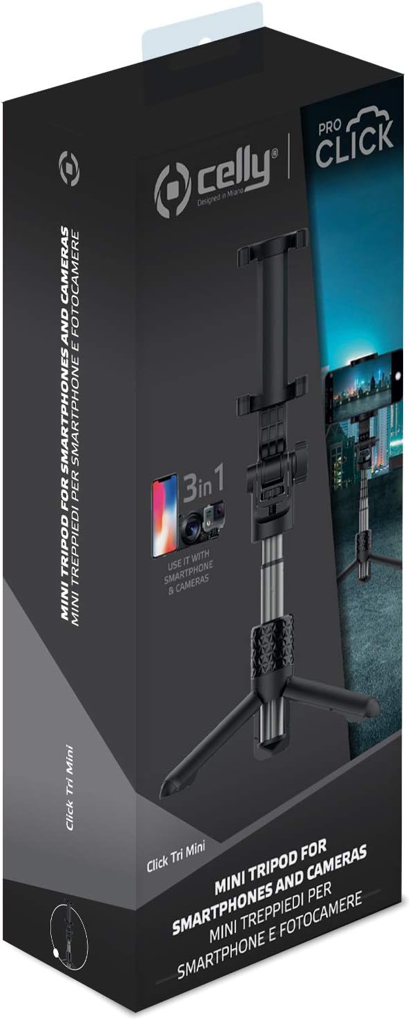 Celly Universal Tripod for Smartphone and Cameras, Extendable Portable Stand with 360° Rotation, Black