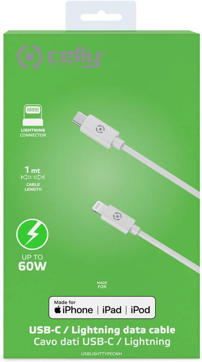 Celly USBLIGHTTYPECWH - PVC Lightning Cable to charge and sync your device through the Type-C port on your computer or charger.