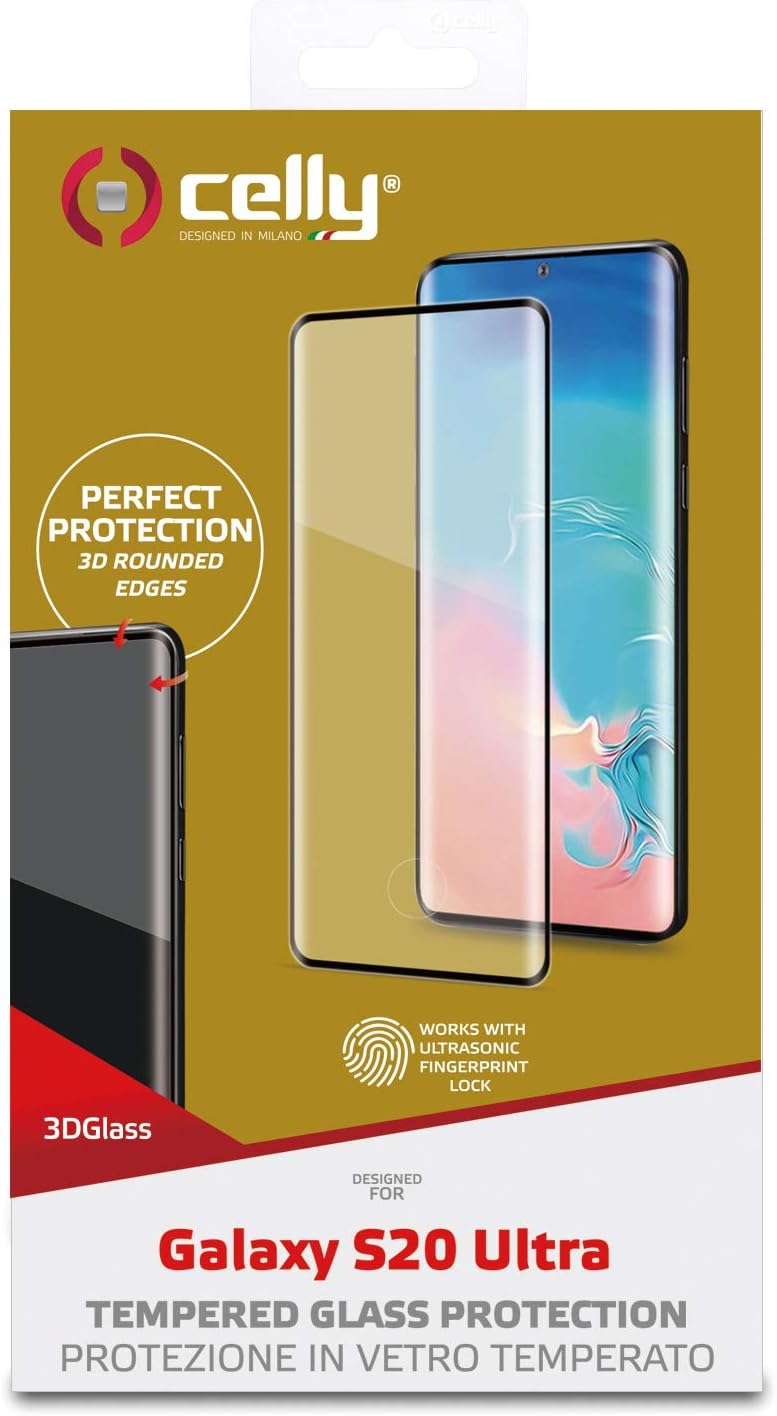Celly 3D Glass Screen Protector for Samsung Galaxy S20 Ultra, Tempered Glass 9H Hardness Round Edges Anti-fingerprint and Anti-Scratch, Black