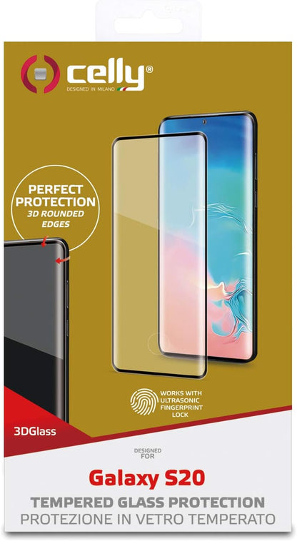Celly 3D Glass Screen Protector for Samsung Galaxy S20, Tempered Glass 9H Hardness, Rounded Edges, Anti-Fingerprint and Anti-Scratch, Black