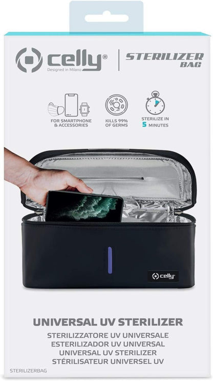 Celly Universal UV Rays Portable Sterilizer Machine (Certifications), UV-C Disinfectant Bag for Smartphones and Accessories, Tablets up to 8", Watches, Masks, Gloves
