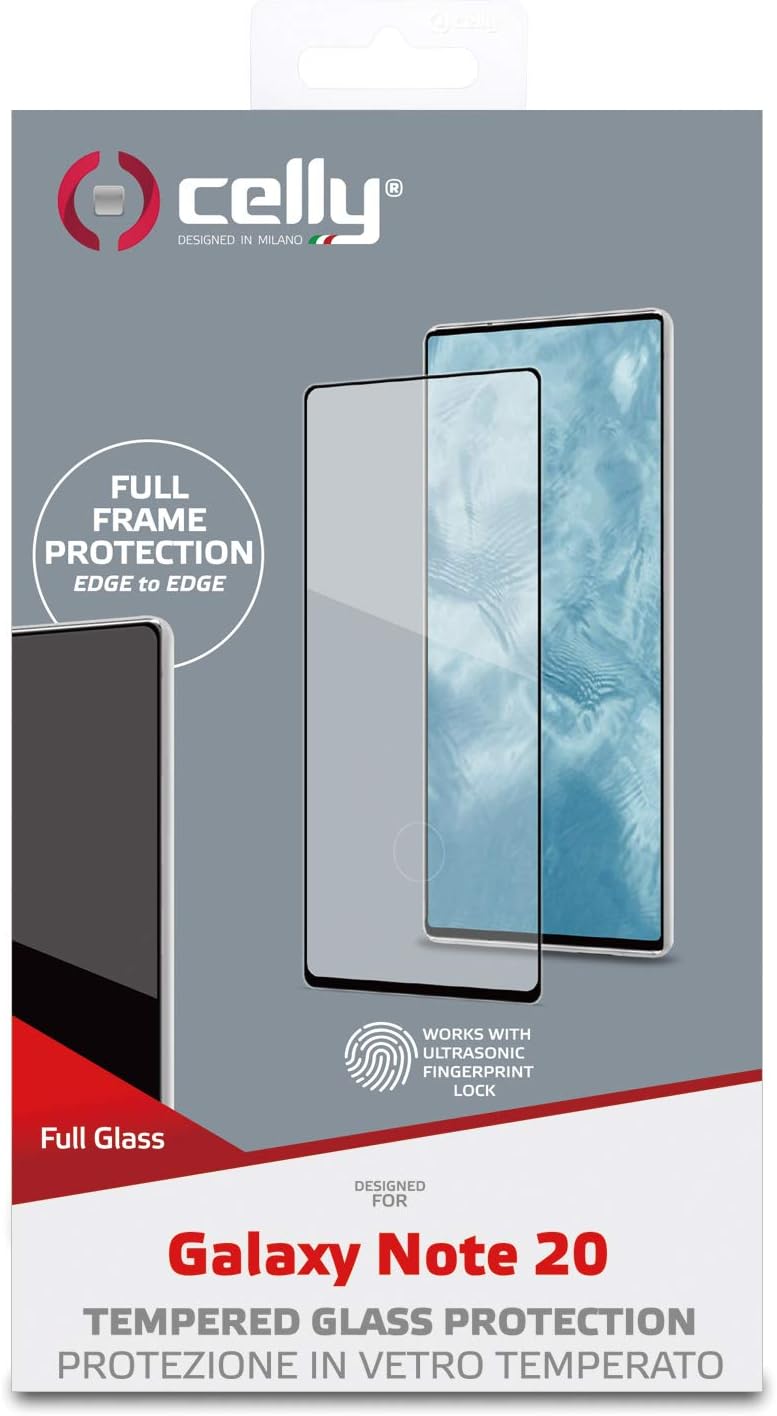 Celly 2D Screen Protector for Samsung Galaxy Note 20, Tempered Glass 9H Hardness, Anti-Fingerprint and Anti-Scratch, Black Edge
