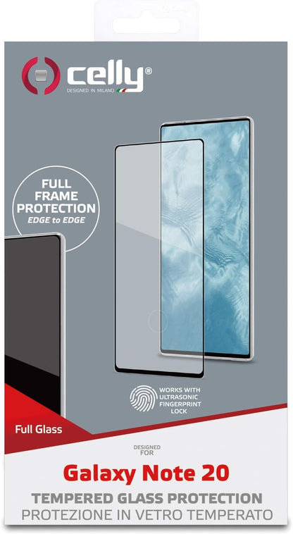 Celly 2D Screen Protector for Samsung Galaxy Note 20, Tempered Glass 9H Hardness, Anti-Fingerprint and Anti-Scratch, Black Edge
