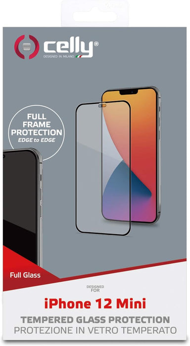 Celly 2D Screen Protector for iPhone 12 Mini, Tempered Glass 9H Hardness, Anti-Fingerprint and Anti-Scratch, Black Edge