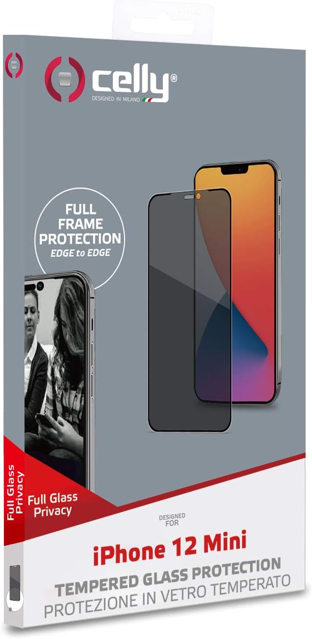 Celly 3D Privacy Function Screen Protector for iPhone 12 Mini, Tempered Glass 3D Hardness 9H Anti-Fingerprint and Anti-scratch with Two-Way Privacy Function, Black Edge