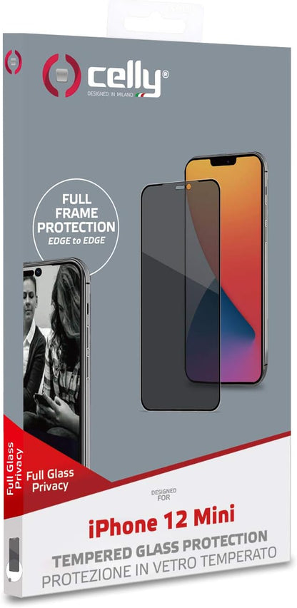 Celly 3D Privacy Function Screen Protector for iPhone 12 Mini, Tempered Glass 3D Hardness 9H Anti-Fingerprint and Anti-scratch with Two-Way Privacy Function, Black Edge