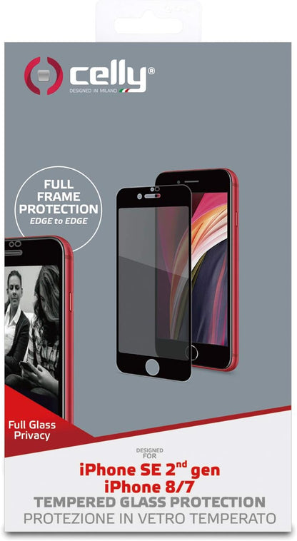 Celly 3D Screen Protector Privacy Function for iPhone SE 2020, Tempered Glass 3D Hardness 9H Anti-Fingerprint and Anti-Scratch with Bi-Directional Privacy Function, Black Edge