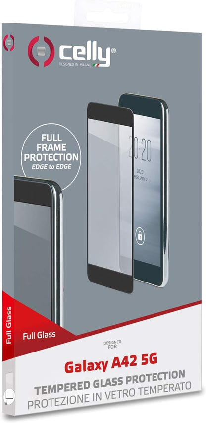 Celly 2D Screen Protector for Samsung Galaxy A42, Tempered Glass 9H Hardness, Anti-Fingerprint and Anti-Scratch, Black Edge