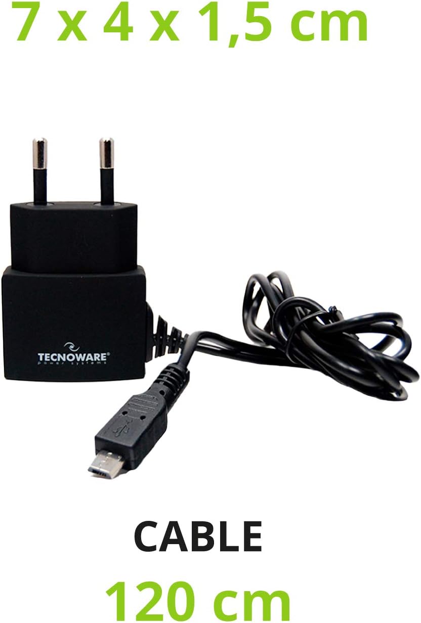 Tecnoware FAM17198 Caricabatterie - per Smartphone e Tablet di ogni Generazione - Cavo Fisso Micro USB da 5 Volt 2.1 Ampere, Nero