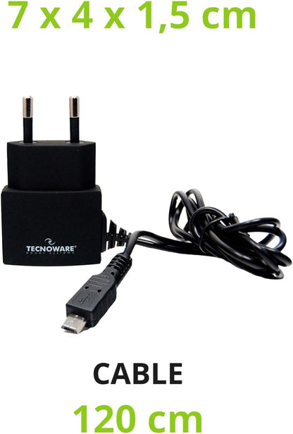 Tecnoware FAM17198 Caricabatterie - per Smartphone e Tablet di ogni Generazione - Cavo Fisso Micro USB da 5 Volt 2.1 Ampere, Nero
