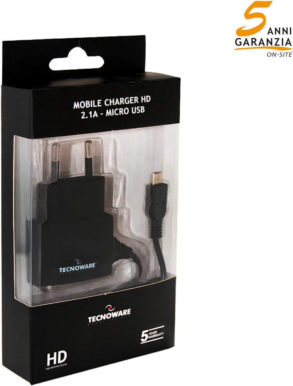 Tecnoware FAM17198 Caricabatterie - per Smartphone e Tablet di ogni Generazione - Cavo Fisso Micro USB da 5 Volt 2.1 Ampere, Nero