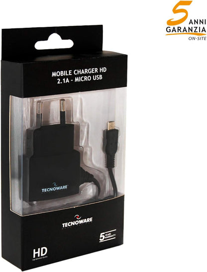 Tecnoware FAM17198 Caricabatterie - per Smartphone e Tablet di ogni Generazione - Cavo Fisso Micro USB da 5 Volt 2.1 Ampere, Nero