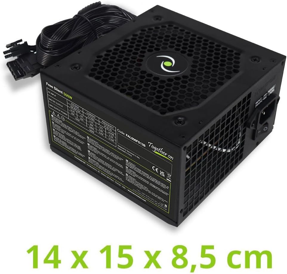 Tecnoware Free Silent 500 ATX Power Supply, 5inch Silent Fan, 2 x SATA, 1 x 24 Pin, 1 x 12V 4+4 Pin, 2 x Molex, Over Voltage Protection, 16inch Cables, CE and Rohs Certified