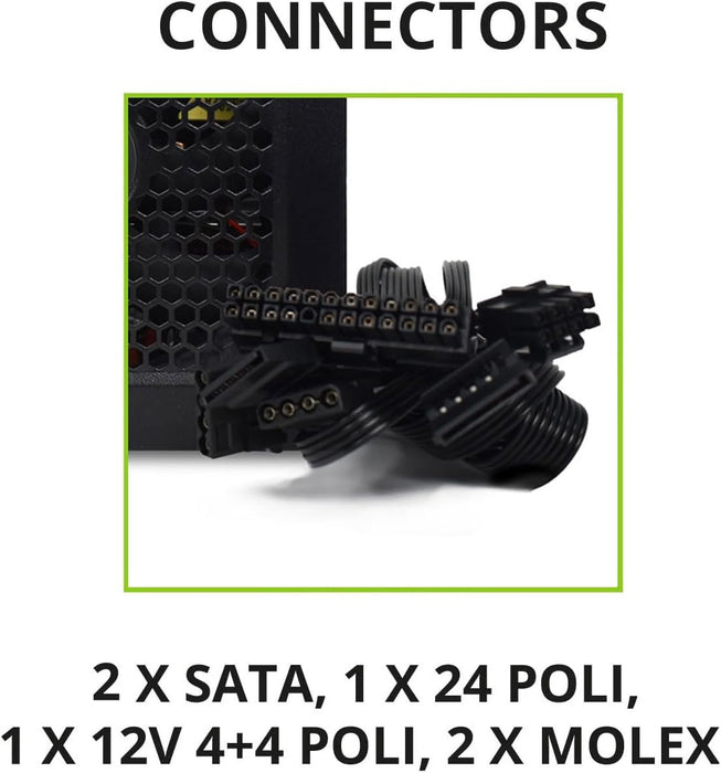 Tecnoware Free Silent 500 ATX Power Supply, 5inch Silent Fan, 2 x SATA, 1 x 24 Pin, 1 x 12V 4+4 Pin, 2 x Molex, Over Voltage Protection, 16inch Cables, CE and Rohs Certified