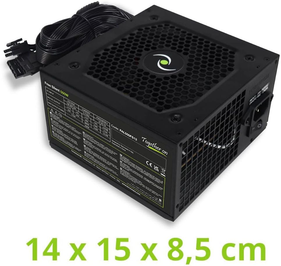 Tecnoware Free Silent 550 ATX Power Supply, 5inch Silent Fan, 2 x SATA, 1 x 24 Pin, 1 x 12V 4+4 Pin, 2 x Molex, Over Voltage Protection, 16inch Cables, CE and Rohs Certified