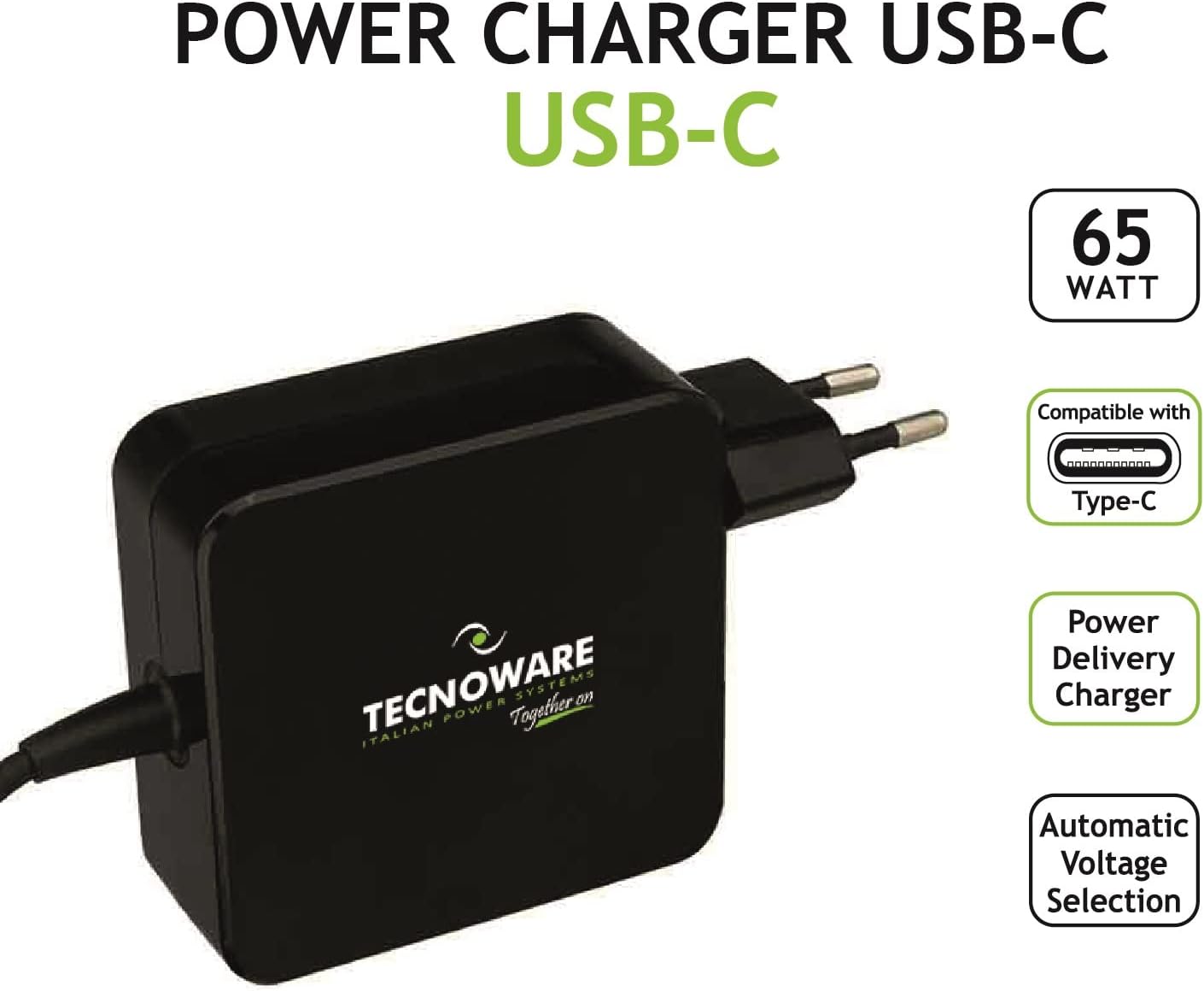 Tecnoware 65W USB Type-C Universal Power Supply - Charger Compatible with any Notebook Equipped with USB C Port (Macbook Pro/Air, Asus, Lenovo Thinkpad and Yoga, Samsung, Huawei, Xiaomi Air) - Cable 6